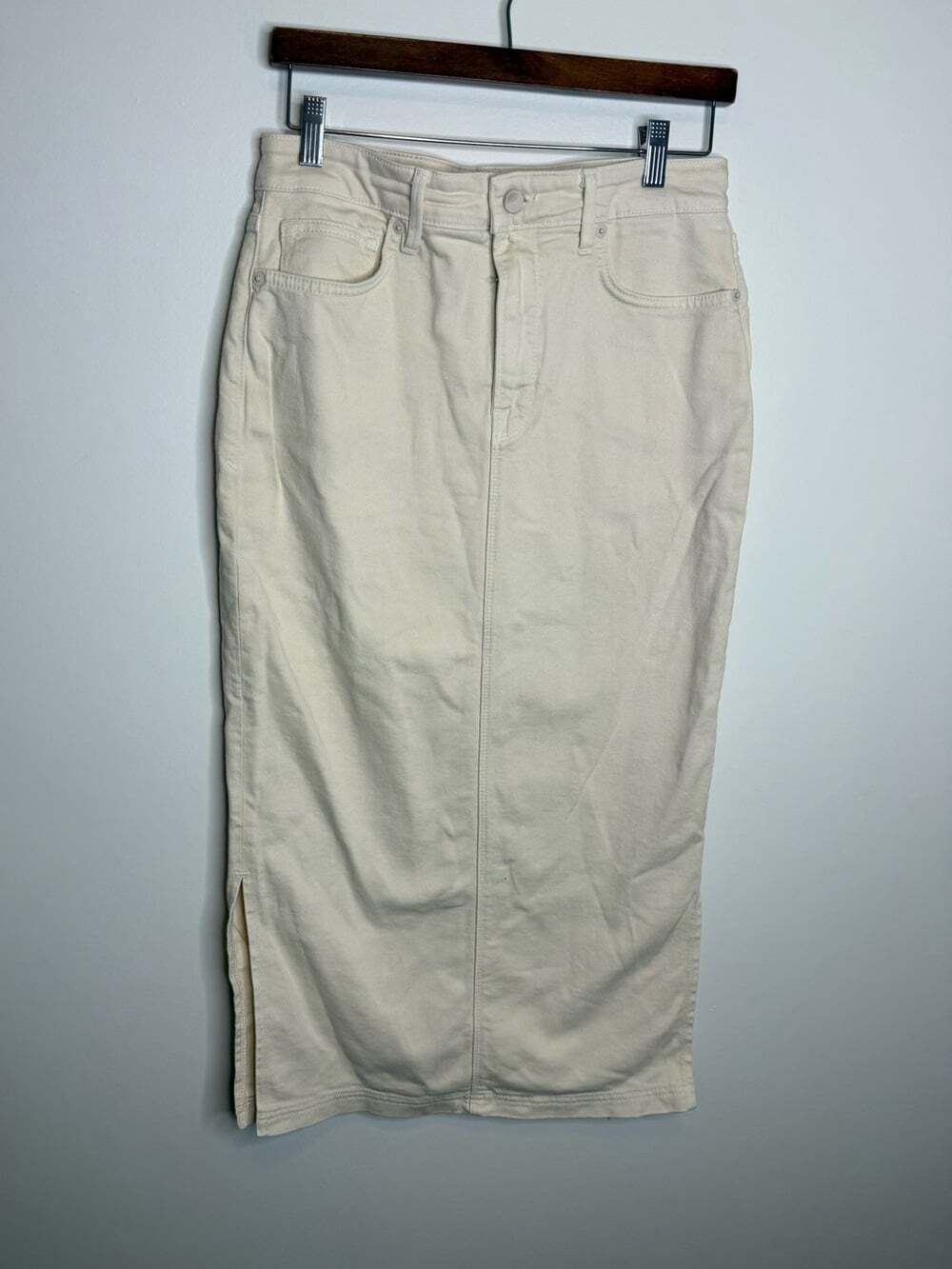 Good American cream midi denim skirt size 6/28